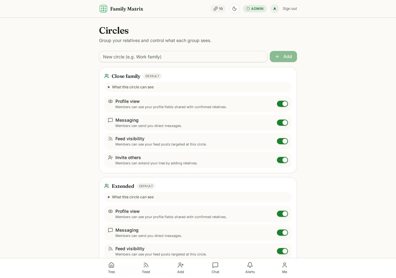 The circles settings screen, with per-circle switches for profile, messaging and feed access