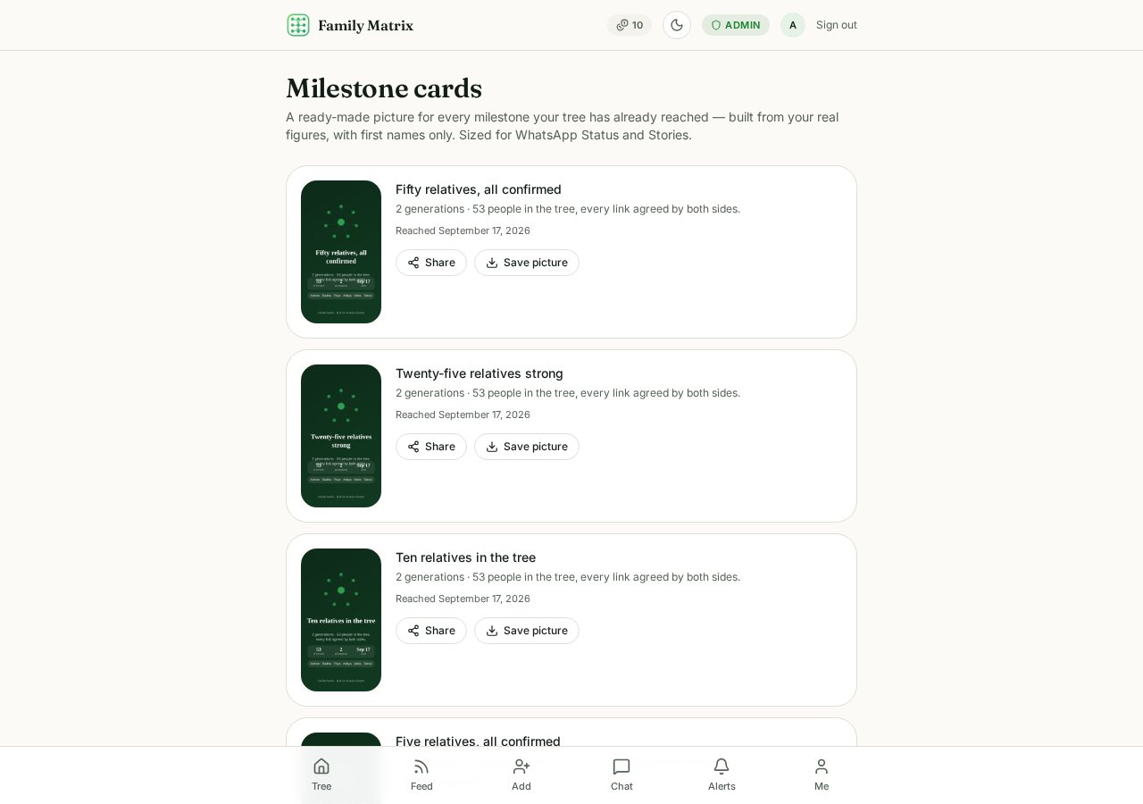 The milestone cards page, listing shareable pictures for each member-count milestone reached