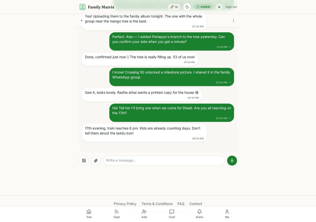 A family chat conversation with message bubbles, timestamps and read ticks
